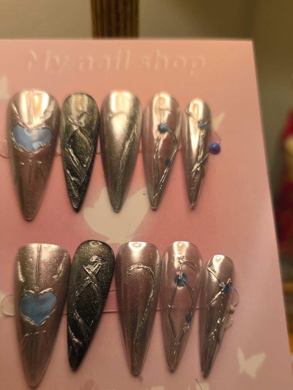 Metallic Stiletto Press-On Nails with Blue Accent - Size Large